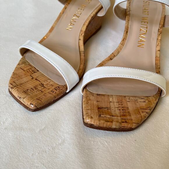 Stuart Weitzman Aleena Wedge Heel Sandals 7.5 Narrow White Patent Leather Cork - Picture 10 of 13